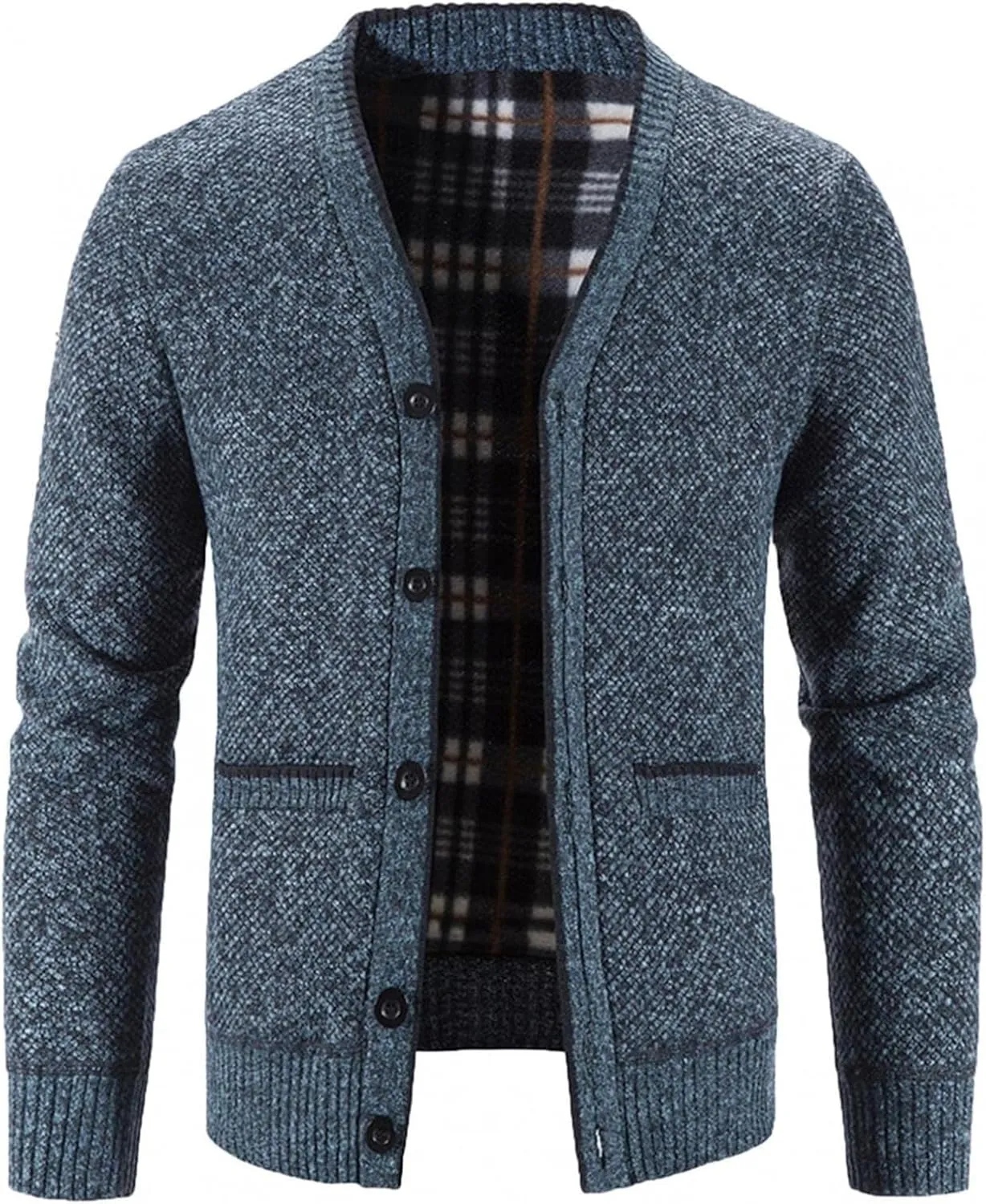 Men's V Neck Cardigan Sweaters Slim Fit Button Up Knitwear Fleece Long Sleeve Ribbed Sweater Jacket