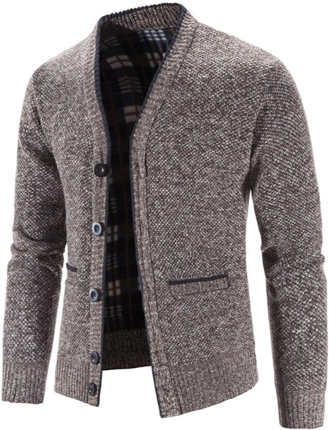 Men's V Neck Cardigan Sweaters Slim Fit Button Up Knitwear Fleece Long Sleeve Ribbed Sweater Jacket