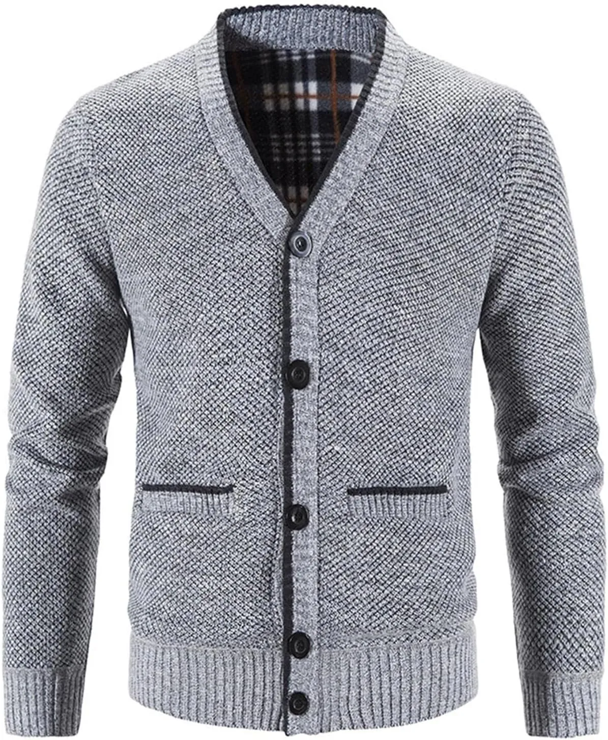 Men's V Neck Cardigan Sweaters Slim Fit Button Up Knitwear Fleece Long Sleeve Ribbed Sweater Jacket