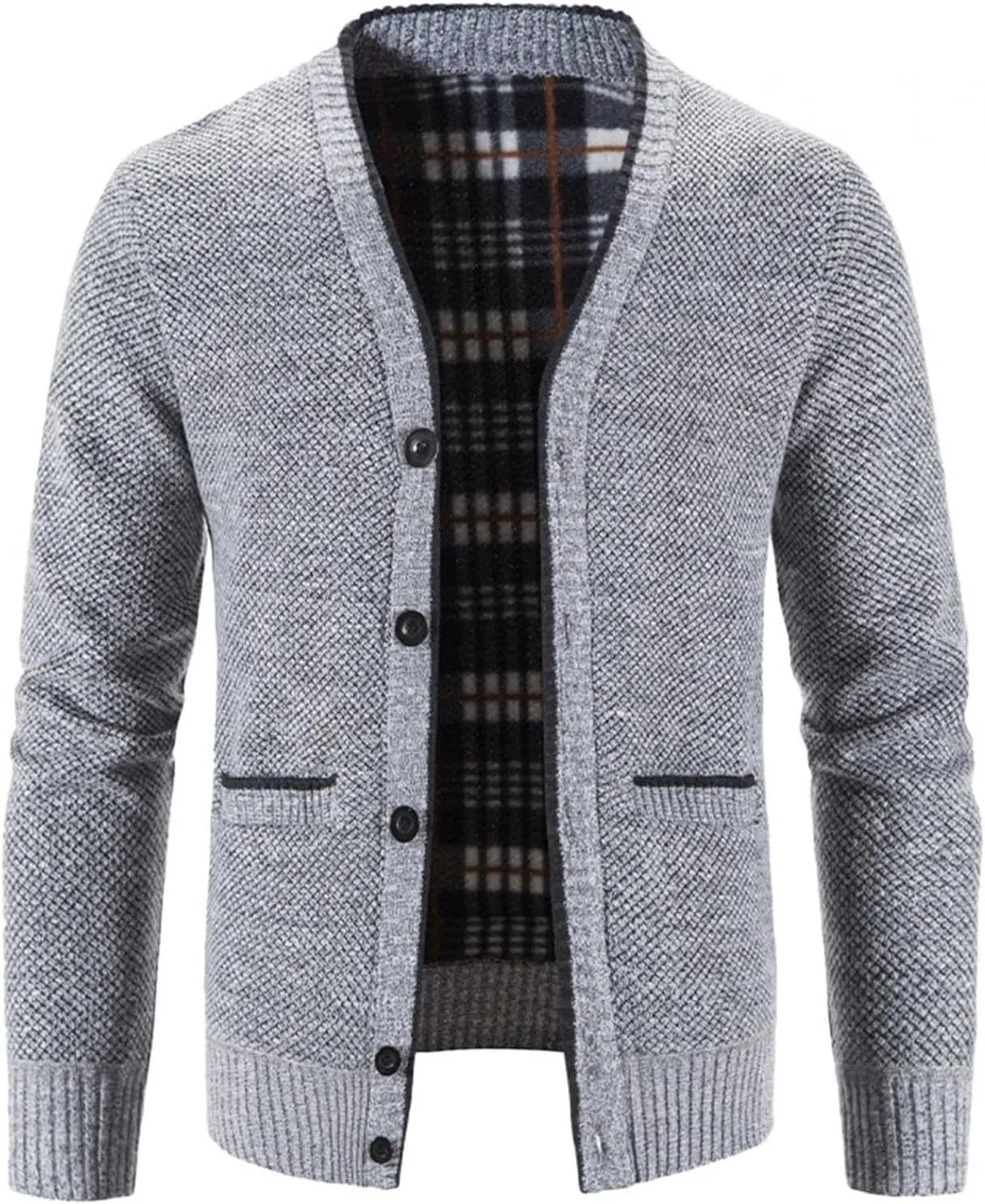 Men's V Neck Cardigan Sweaters Slim Fit Button Up Knitwear Fleece Long Sleeve Ribbed Sweater Jacket