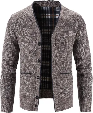 Men's V Neck Cardigan Sweaters Slim Fit Button Up Knitwear Fleece Long Sleeve Ribbed Sweater Jacket