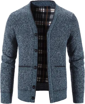 Men's V Neck Cardigan Sweaters Slim Fit Button Up Knitwear Fleece Long Sleeve Ribbed Sweater Jacket