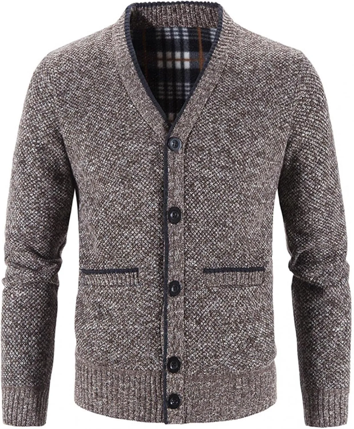 Men's V Neck Cardigan Sweaters Slim Fit Button Up Knitwear Fleece Long Sleeve Ribbed Sweater Jacket