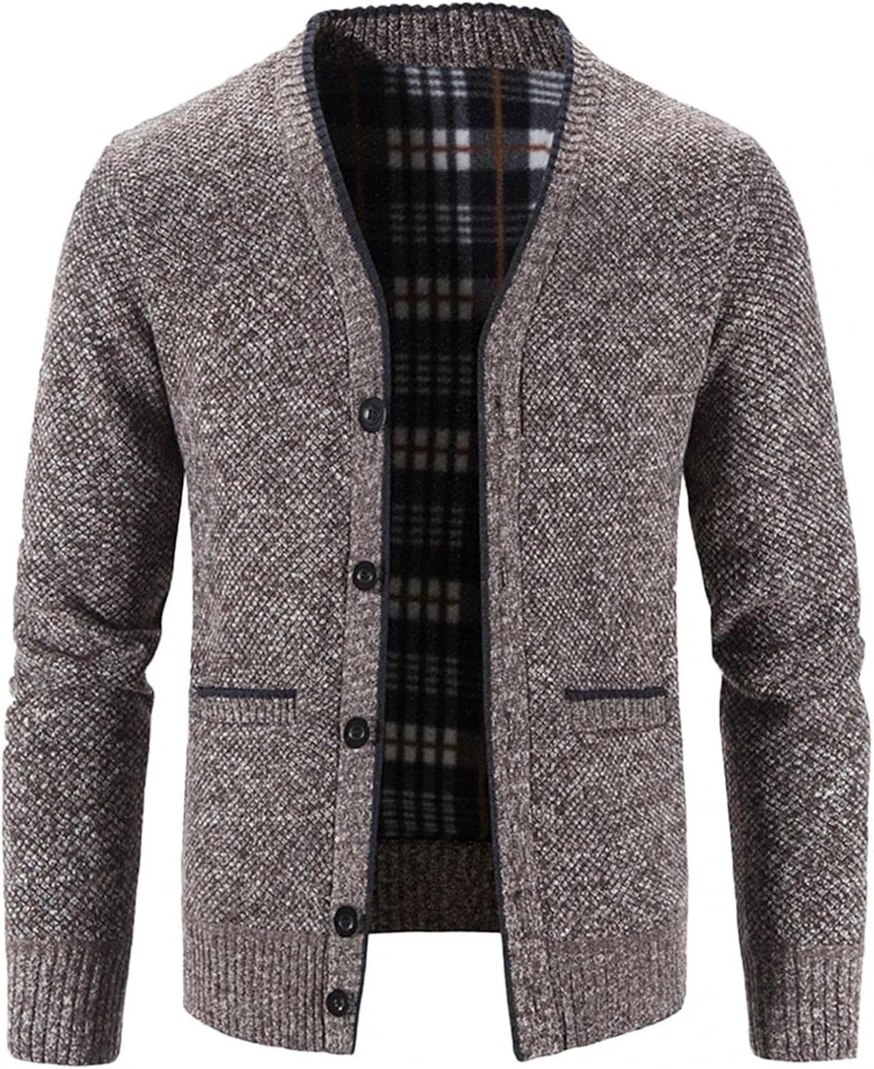 Men's V Neck Cardigan Sweaters Slim Fit Button Up Knitwear Fleece Long Sleeve Ribbed Sweater Jacket
