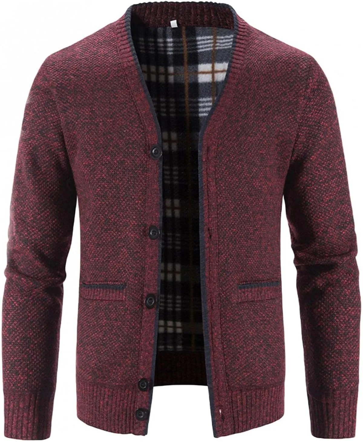 Men's V Neck Cardigan Sweaters Slim Fit Button Up Knitwear Fleece Long Sleeve Ribbed Sweater Jacket