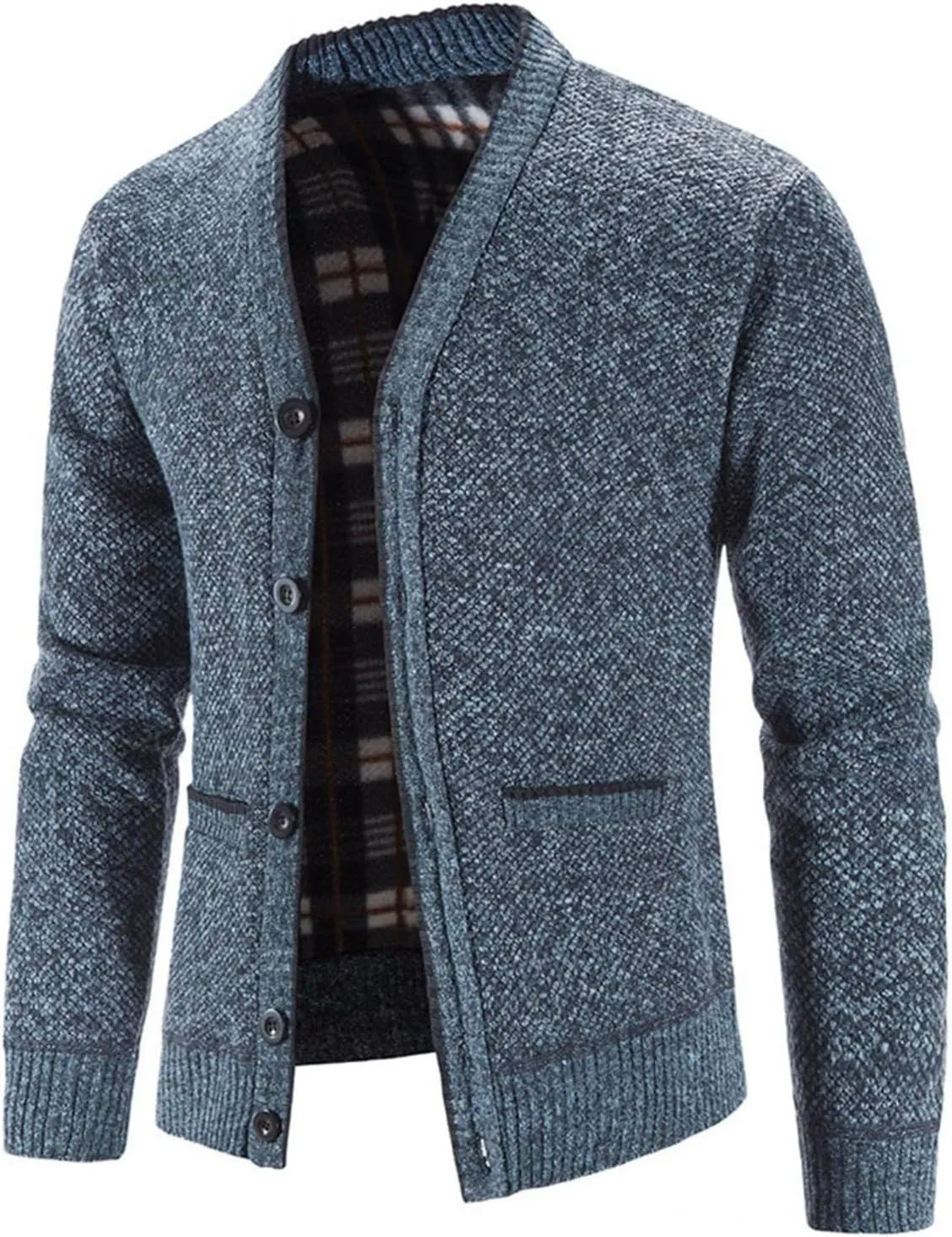 Men's V Neck Cardigan Sweaters Slim Fit Button Up Knitwear Fleece Long Sleeve Ribbed Sweater Jacket