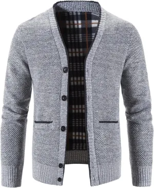 Men's V Neck Cardigan Sweaters Slim Fit Button Up Knitwear Fleece Long Sleeve Ribbed Sweater Jacket