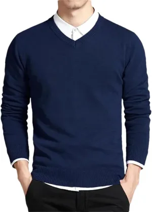 Men's V-Neck Cotton Sweater Solid Long Sleeve Pullovers Outwear Loose Fit Knitting Jumpers Tops