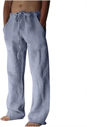 Men's Wide Leg Pant Men's Elastic Waist Blended Breathable Comfortable Soft Beach Casual Trousers Solid Color Trousers