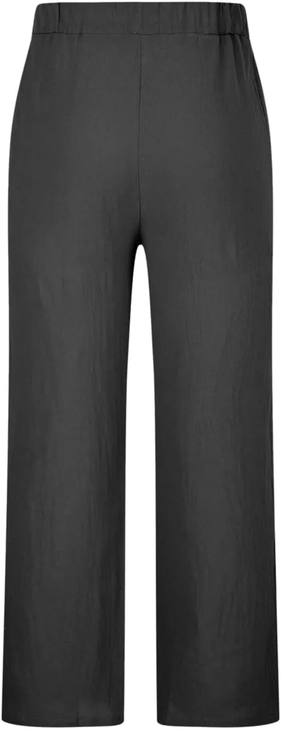 Men's Wide Leg Pant Men's Elastic Waist Blended Breathable Comfortable Soft Beach Casual Trousers Solid Color Trousers