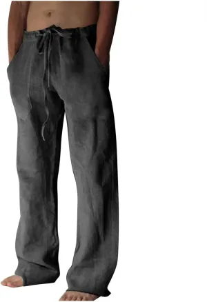 Men's Wide Leg Pant Men's Elastic Waist Blended Breathable Comfortable Soft Beach Casual Trousers Solid Color Trousers