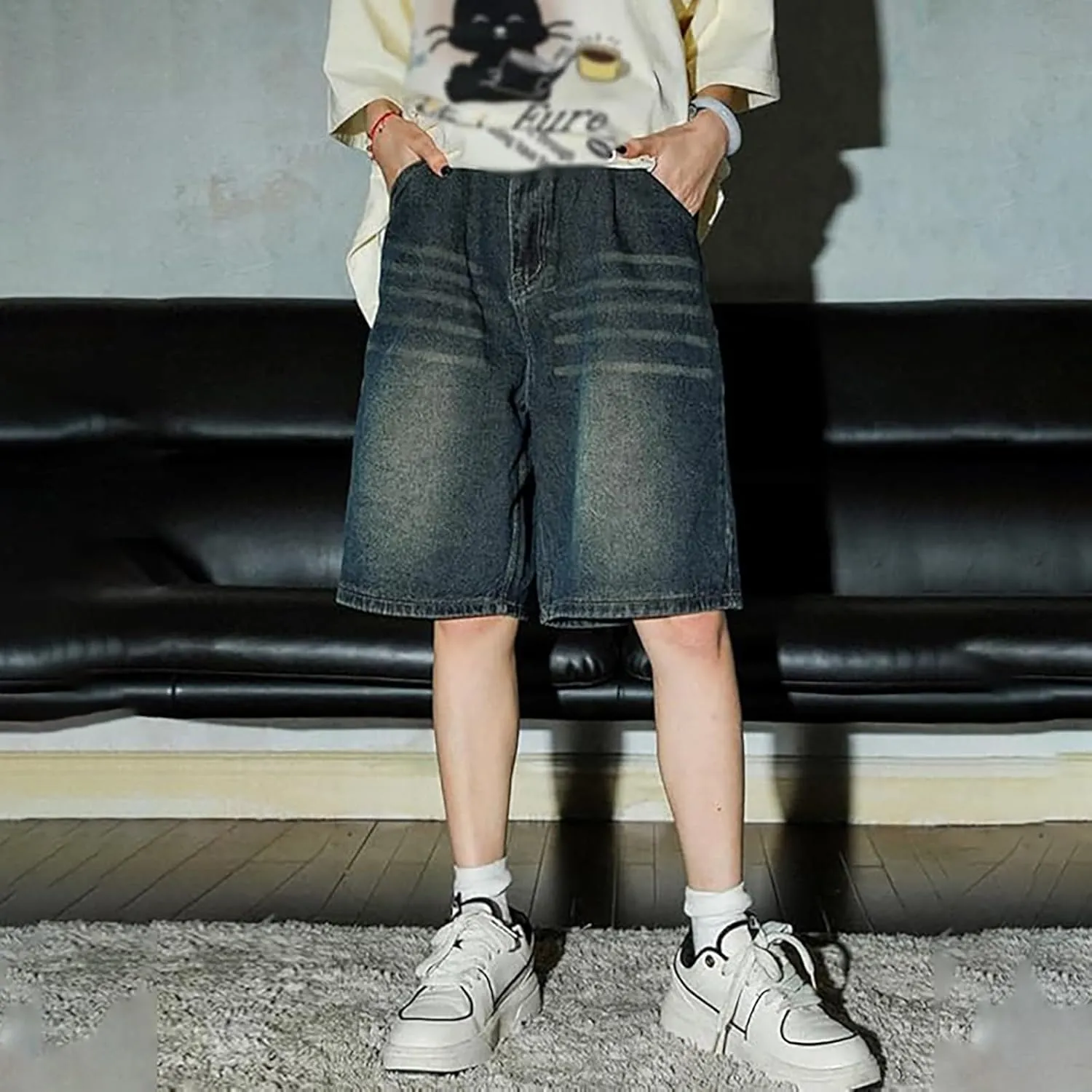 Mens Y2K Baggy Jean Shorts Summer Casual Hip Hop Skateboard Pants Loose Denim Shorts with Pockets Streetwear