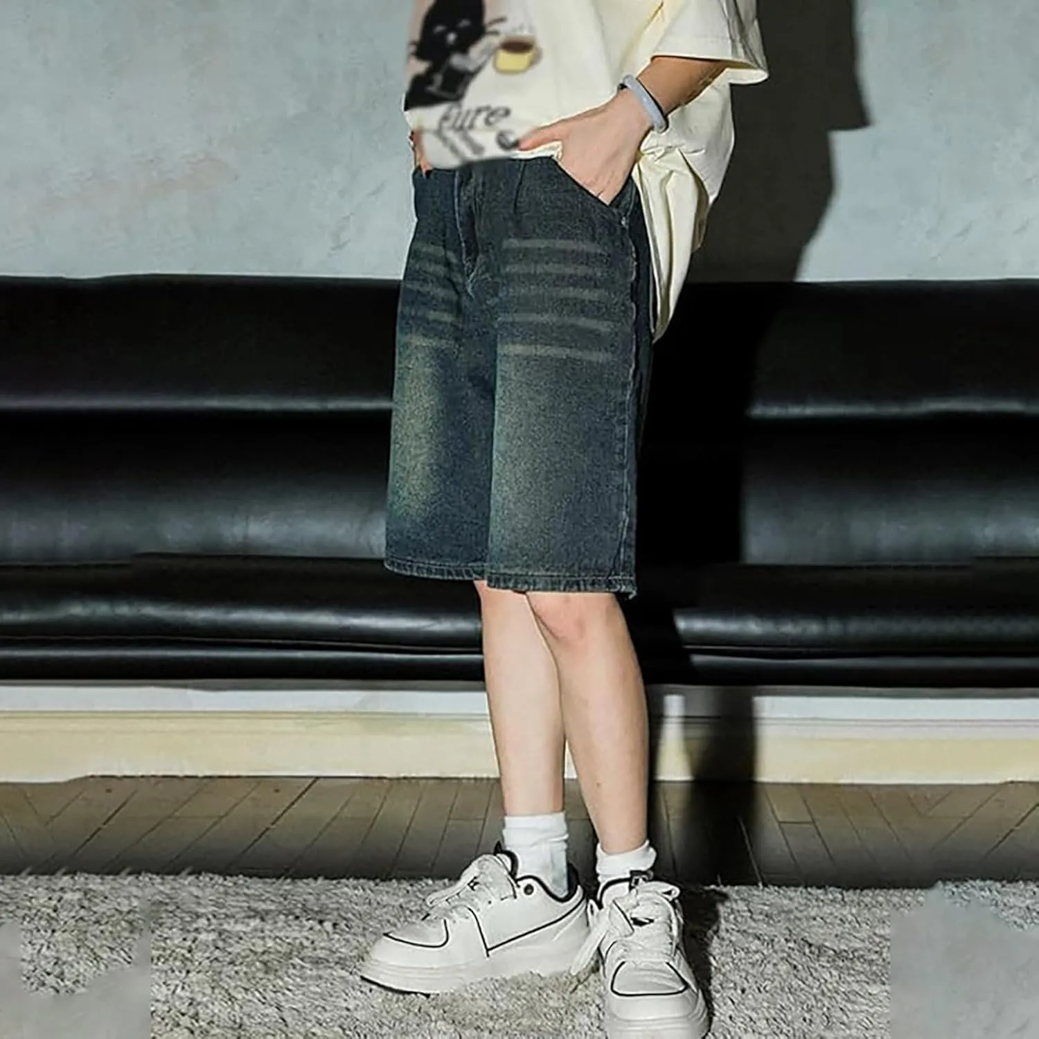 Mens Y2K Baggy Jean Shorts Summer Casual Hip Hop Skateboard Pants Loose Denim Shorts with Pockets Streetwear