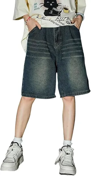 Mens Y2K Baggy Jean Shorts Summer Casual Hip Hop Skateboard Pants Loose Denim Shorts with Pockets Streetwear