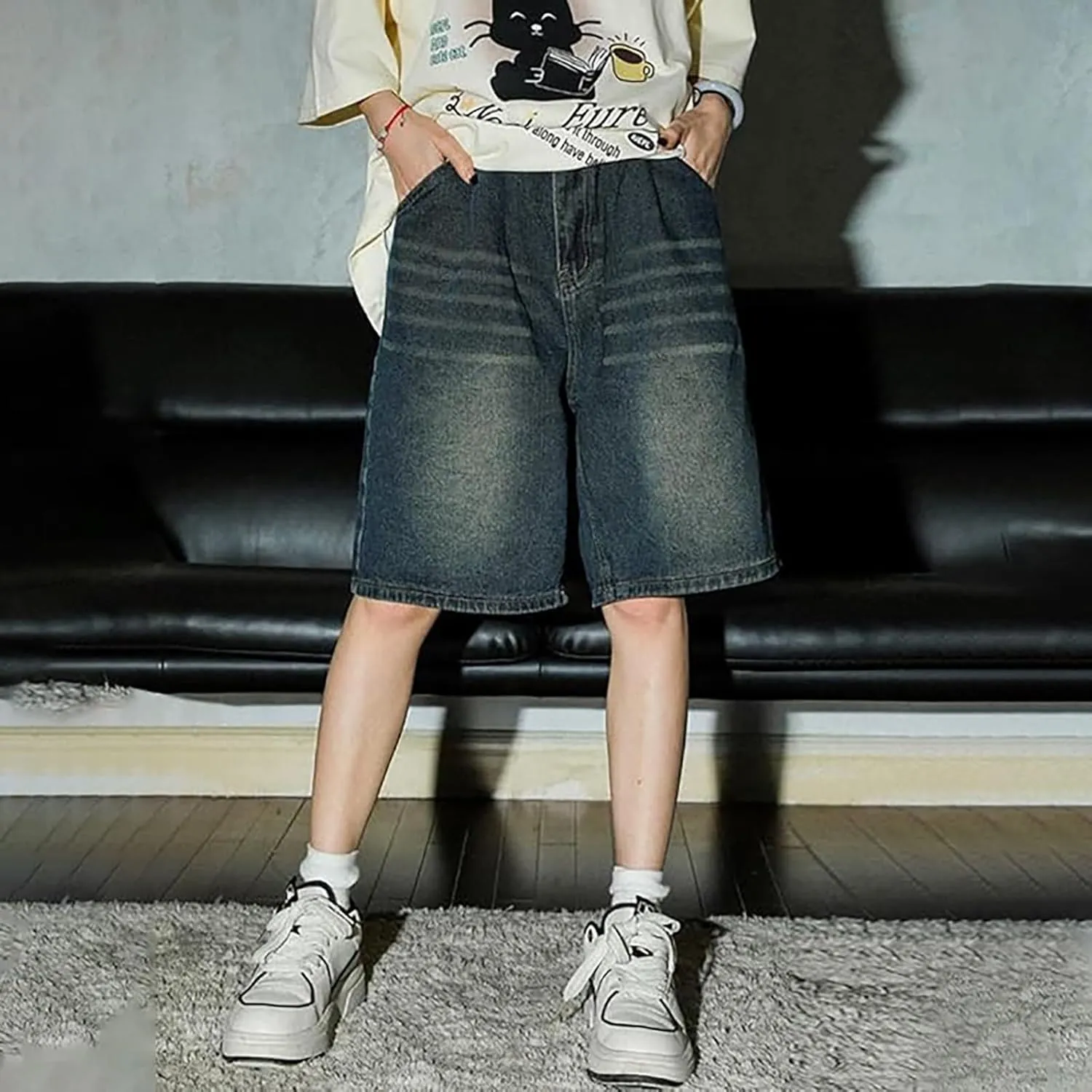 Mens Y2K Baggy Jean Shorts Summer Casual Hip Hop Skateboard Pants Loose Denim Shorts with Pockets Streetwear