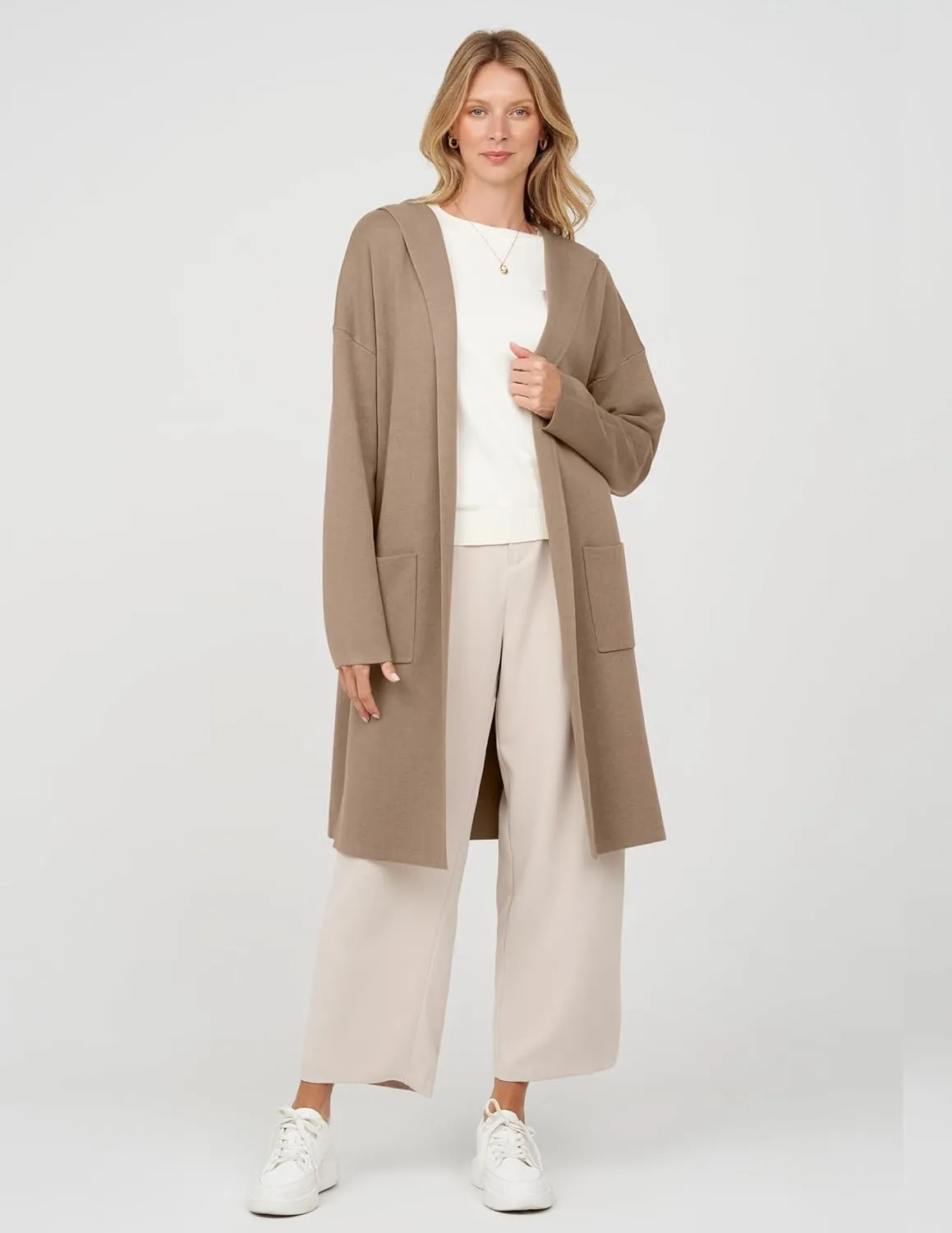 MEROKEETY Long Hooded Cardigan Sweaters for Women Oversized Open Front Coatigan Lady Jacket Coat Pockets