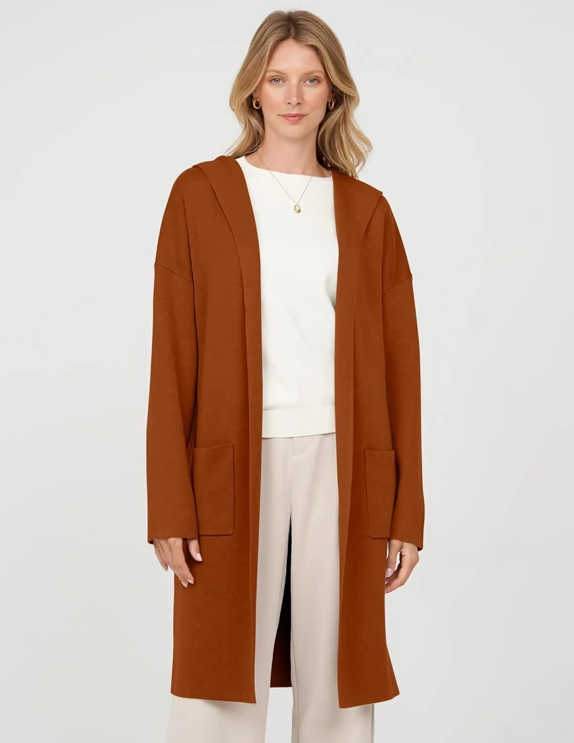 MEROKEETY Long Hooded Cardigan Sweaters for Women Oversized Open Front Coatigan Lady Jacket Coat Pockets
