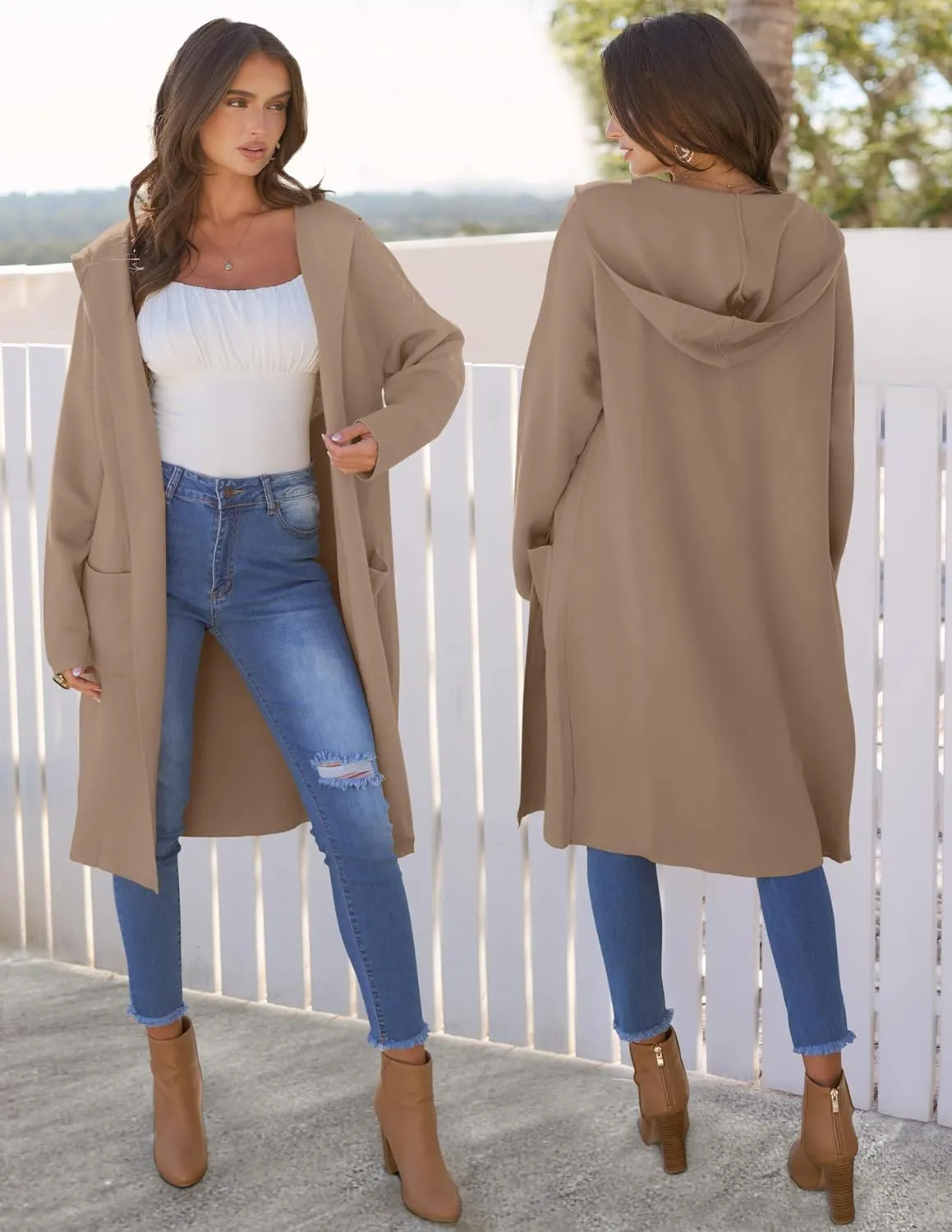 MEROKEETY Long Hooded Cardigan Sweaters for Women Oversized Open Front Coatigan Lady Jacket Coat Pockets