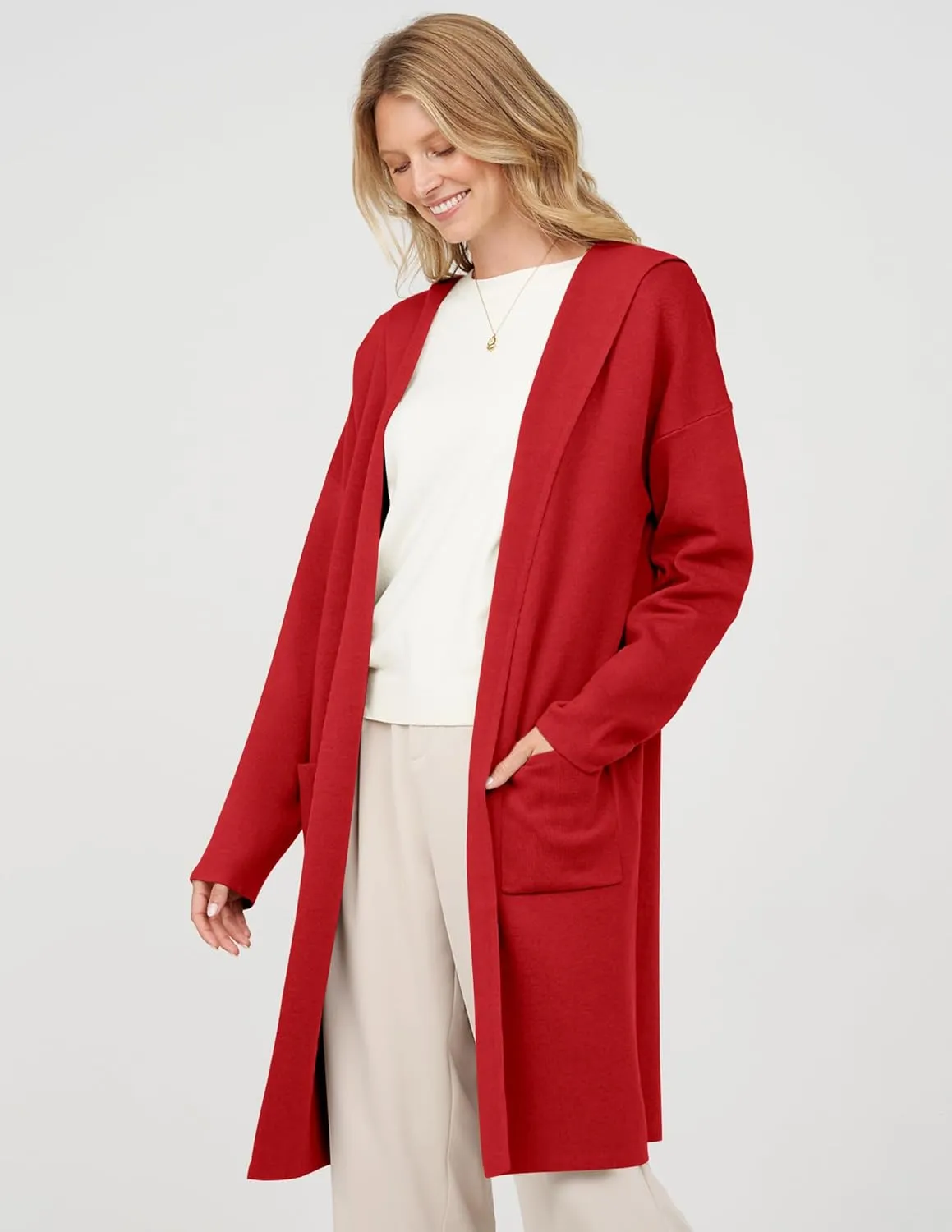 MEROKEETY Long Hooded Cardigan Sweaters for Women Oversized Open Front Coatigan Lady Jacket Coat Pockets