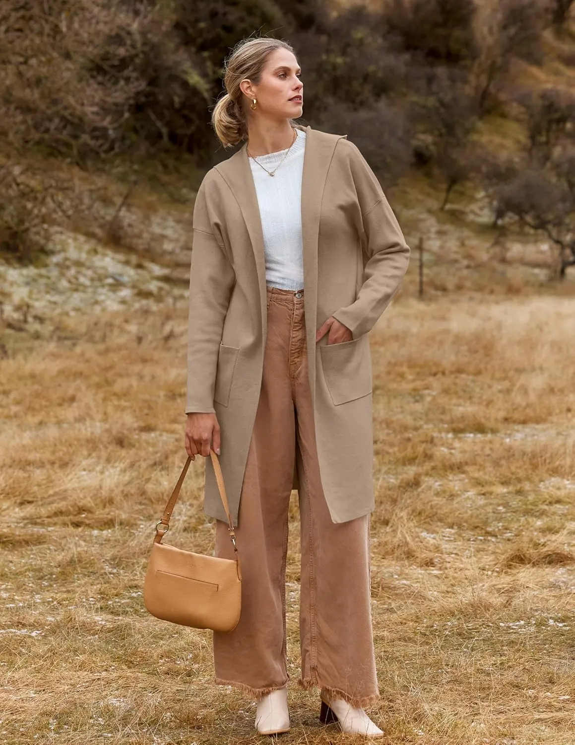 MEROKEETY Long Hooded Cardigan Sweaters for Women Oversized Open Front Coatigan Lady Jacket Coat Pockets