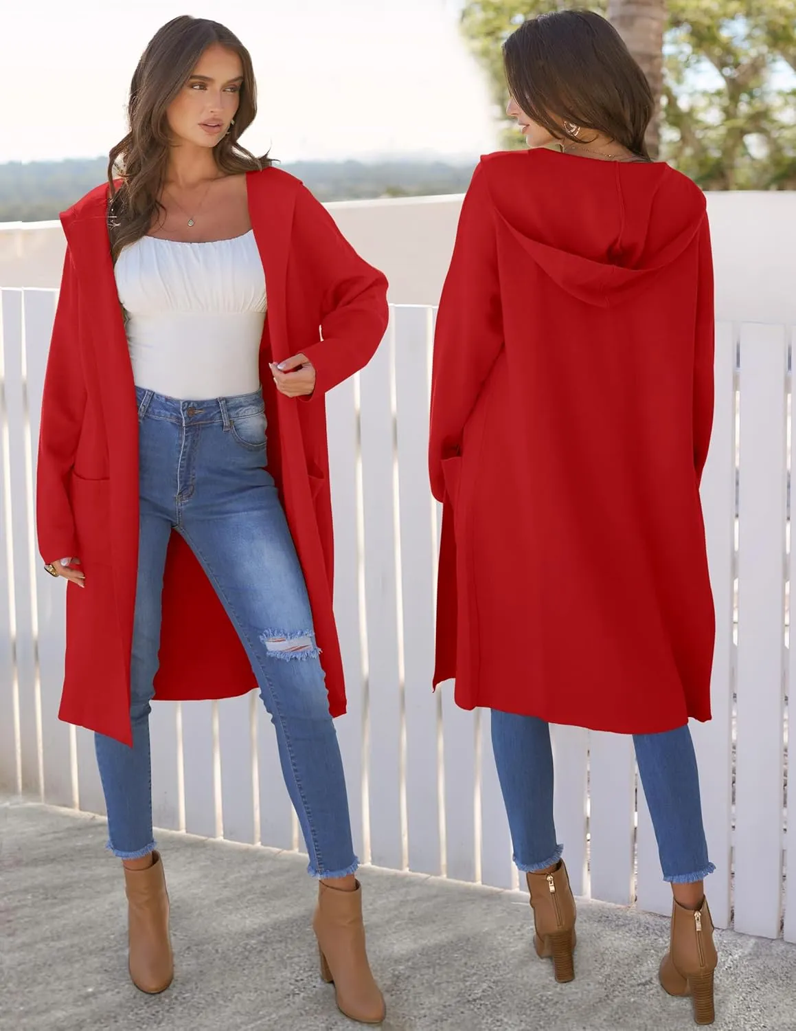 MEROKEETY Long Hooded Cardigan Sweaters for Women Oversized Open Front Coatigan Lady Jacket Coat Pockets