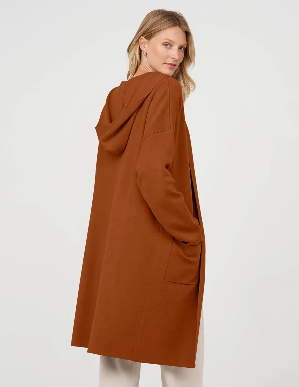 MEROKEETY Long Hooded Cardigan Sweaters for Women Oversized Open Front Coatigan Lady Jacket Coat Pockets