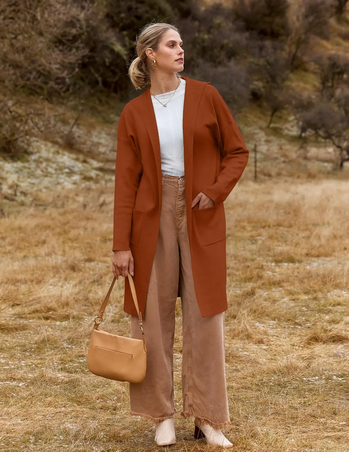 MEROKEETY Long Hooded Cardigan Sweaters for Women Oversized Open Front Coatigan Lady Jacket Coat Pockets
