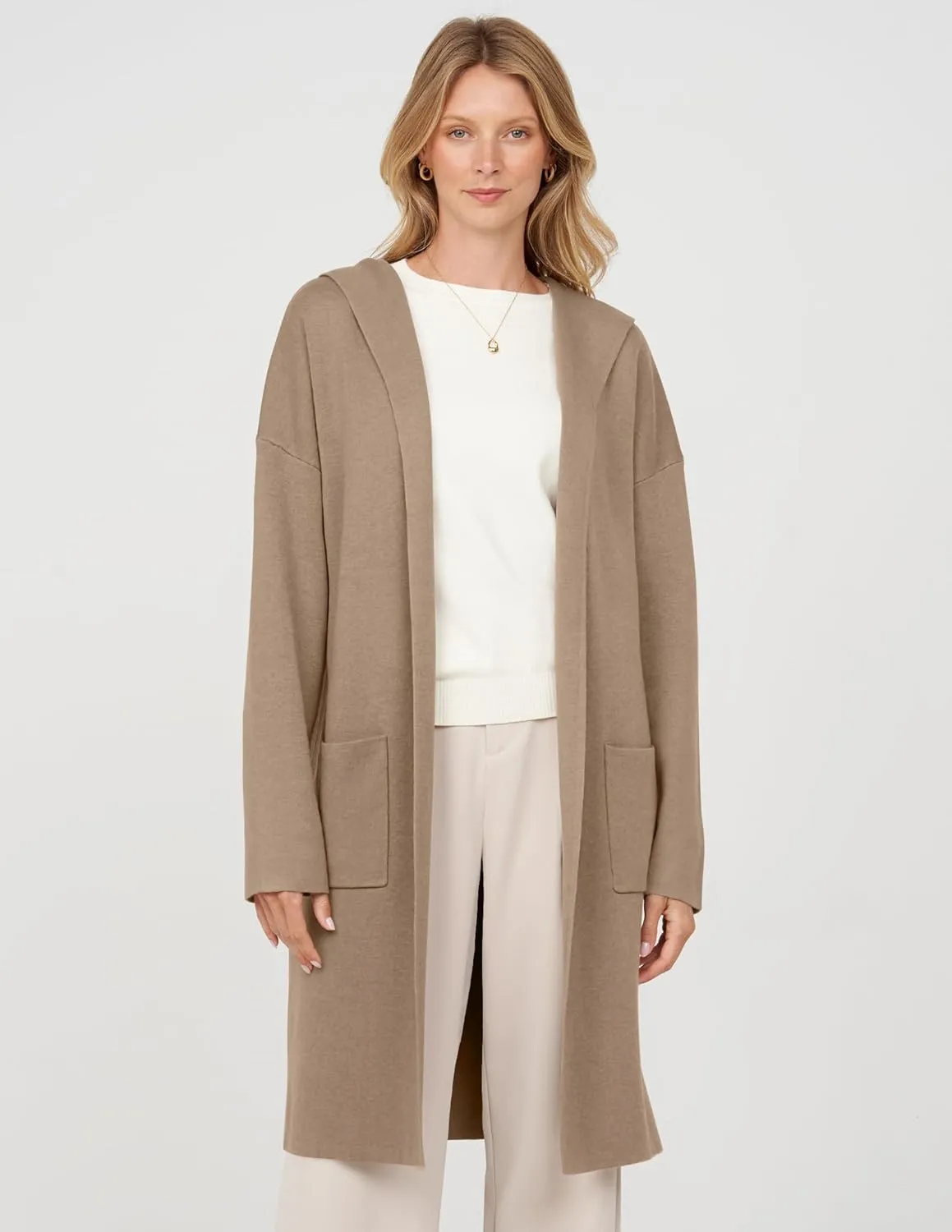 MEROKEETY Long Hooded Cardigan Sweaters for Women Oversized Open Front Coatigan Lady Jacket Coat Pockets