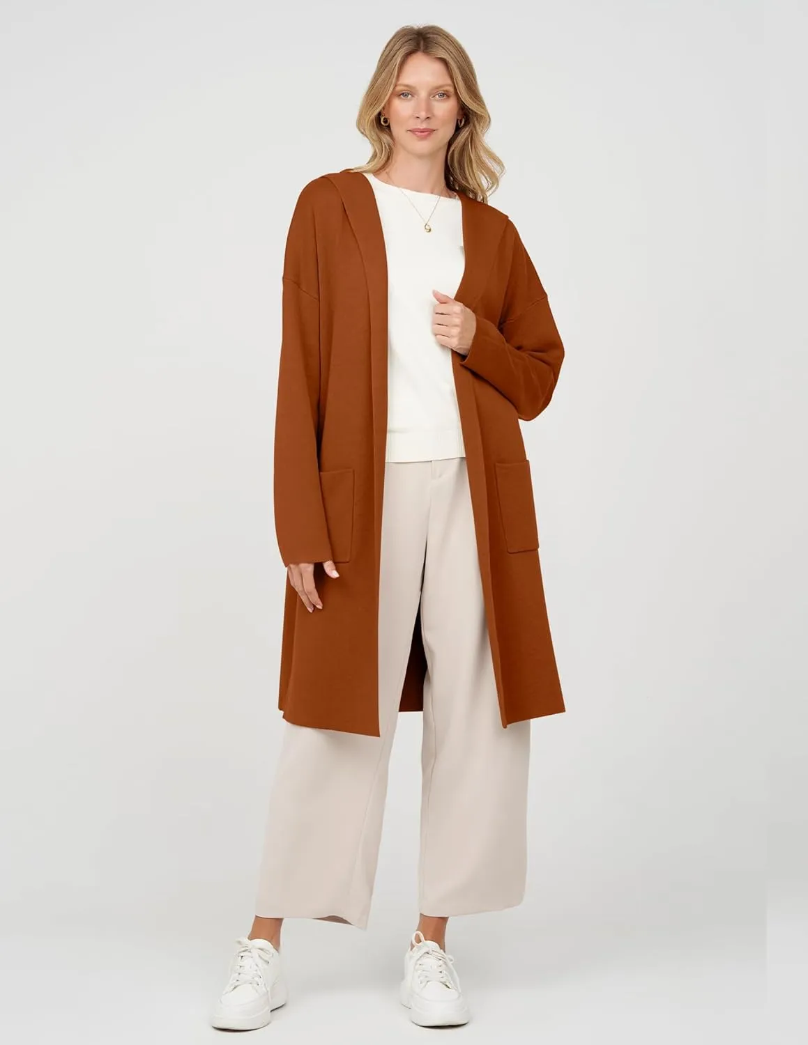 MEROKEETY Long Hooded Cardigan Sweaters for Women Oversized Open Front Coatigan Lady Jacket Coat Pockets
