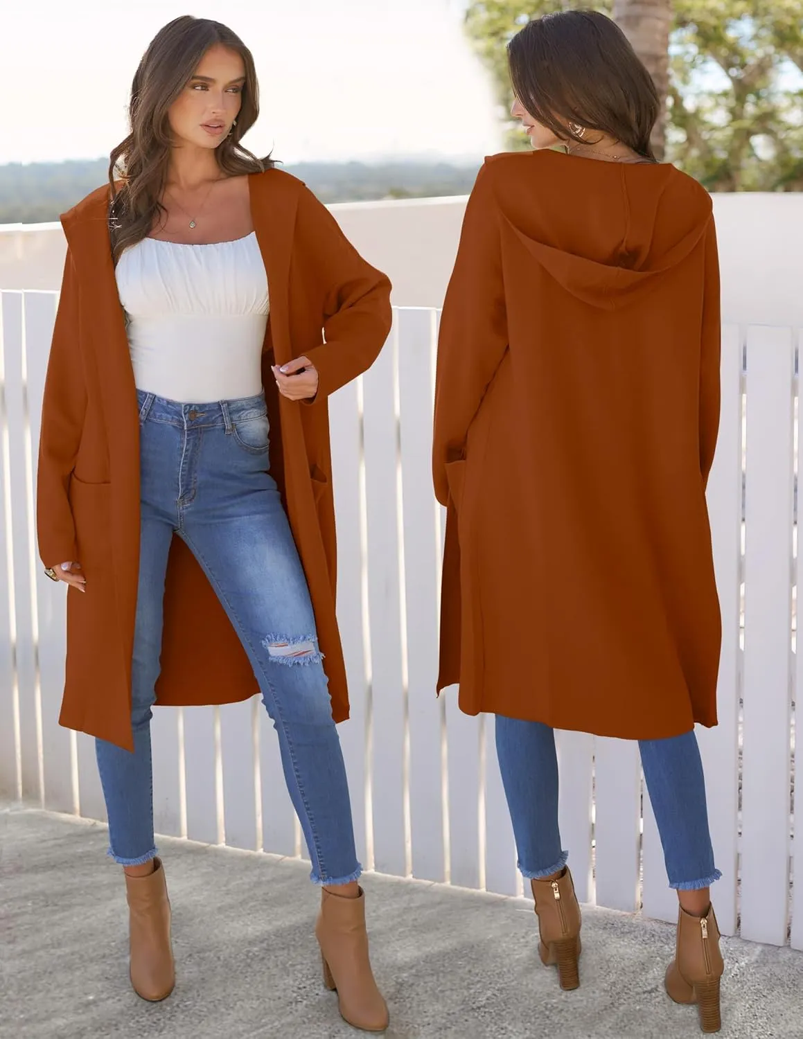MEROKEETY Long Hooded Cardigan Sweaters for Women Oversized Open Front Coatigan Lady Jacket Coat Pockets