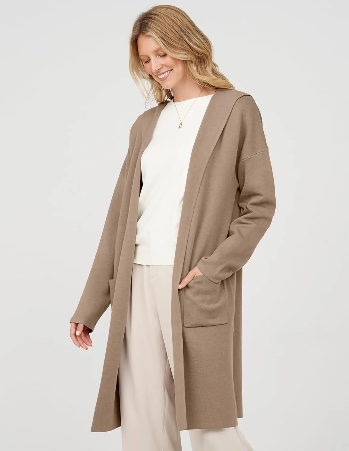 MEROKEETY Long Hooded Cardigan Sweaters for Women Oversized Open Front Coatigan Lady Jacket Coat Pockets