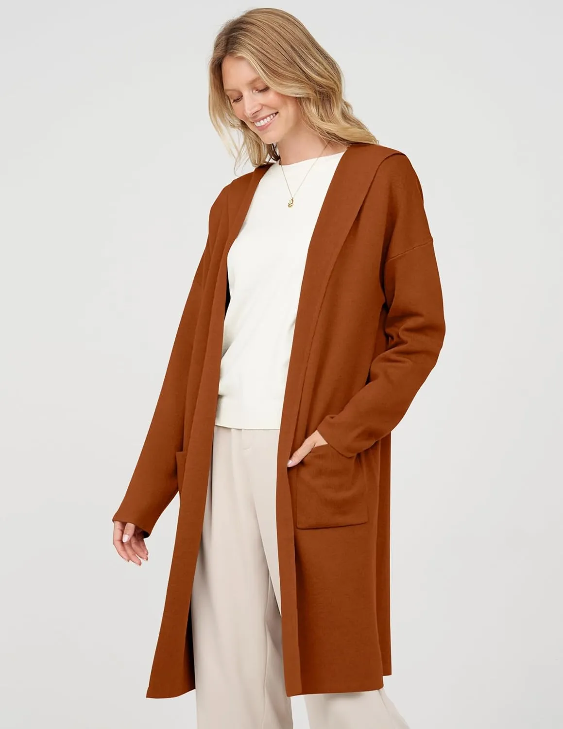 MEROKEETY Long Hooded Cardigan Sweaters for Women Oversized Open Front Coatigan Lady Jacket Coat Pockets