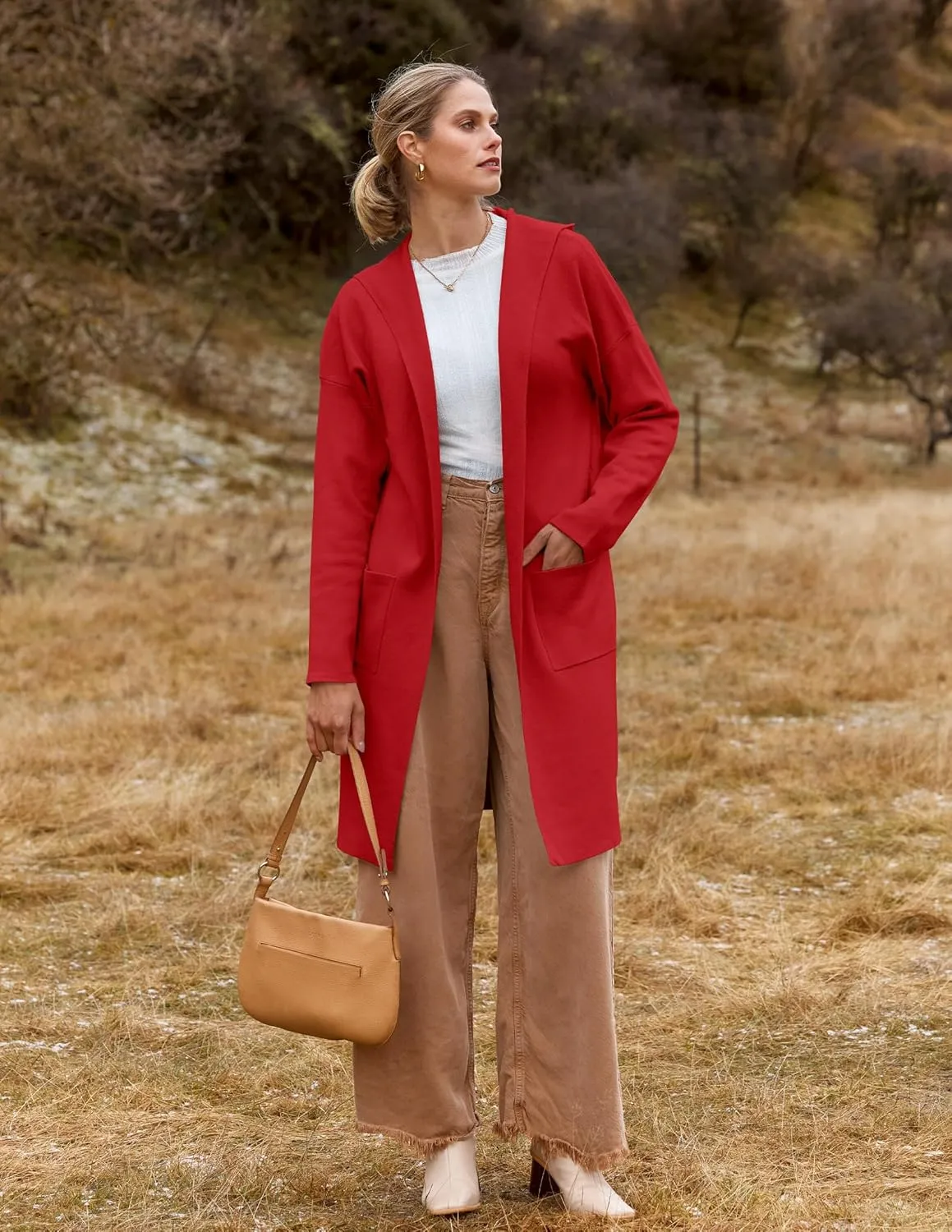 MEROKEETY Long Hooded Cardigan Sweaters for Women Oversized Open Front Coatigan Lady Jacket Coat Pockets