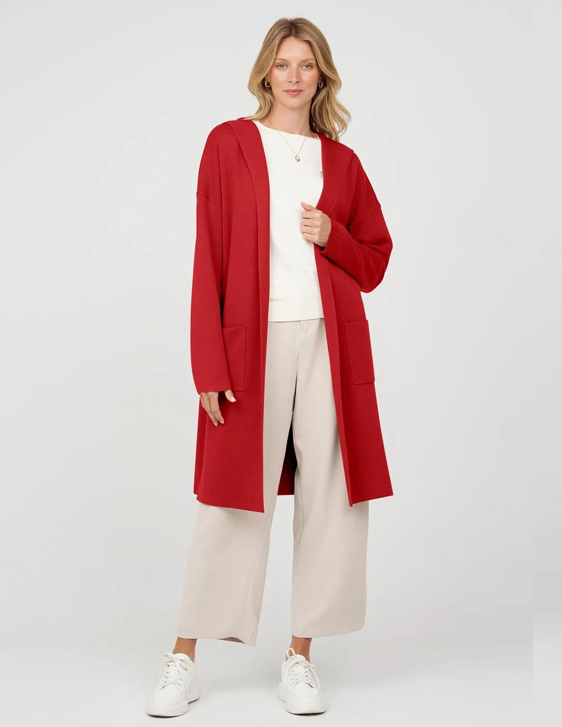 MEROKEETY Long Hooded Cardigan Sweaters for Women Oversized Open Front Coatigan Lady Jacket Coat Pockets