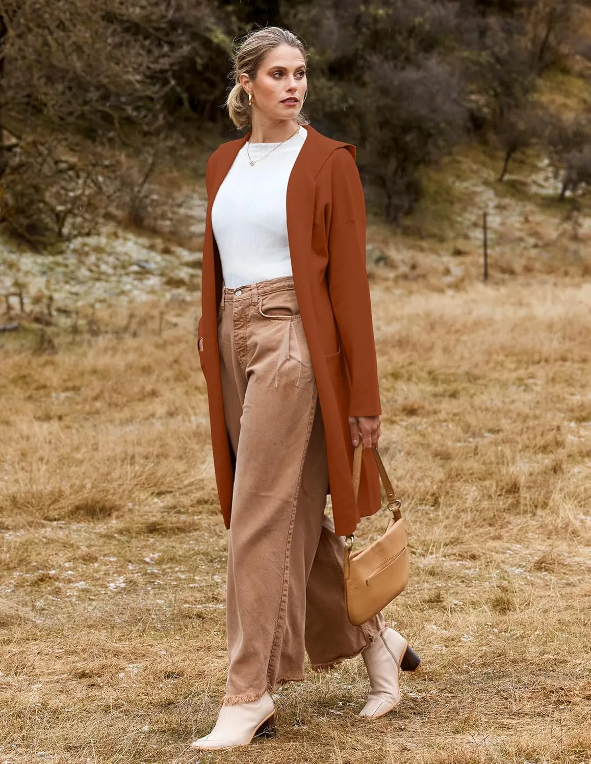 MEROKEETY Long Hooded Cardigan Sweaters for Women Oversized Open Front Coatigan Lady Jacket Coat Pockets