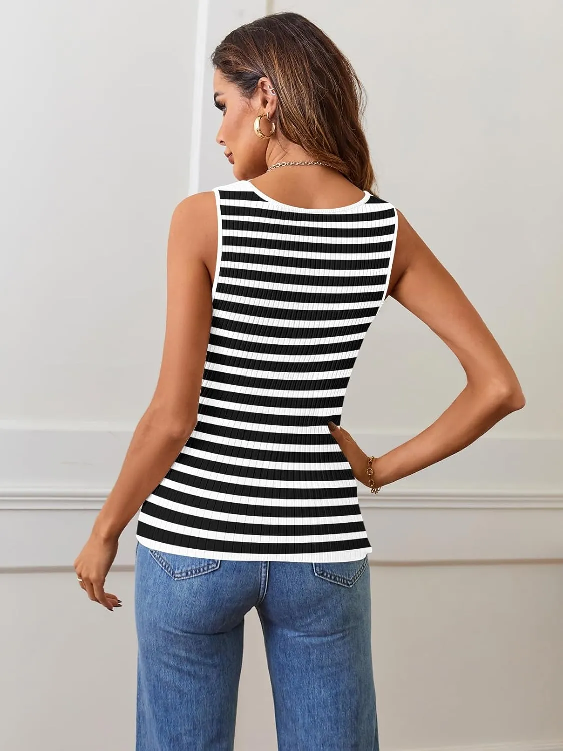 MEROKEETY Women's 2025 Sleeveless Ribbed Tank Tops Striped Knit Square Neck Shirts Summer Casual Basic Tanks