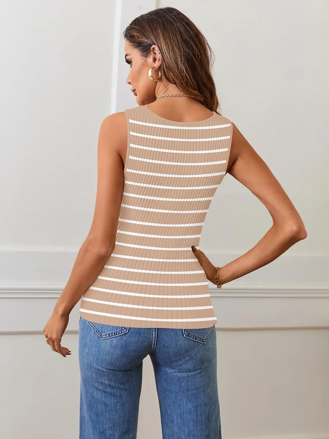 MEROKEETY Women's 2025 Sleeveless Ribbed Tank Tops Striped Knit Square Neck Shirts Summer Casual Basic Tanks