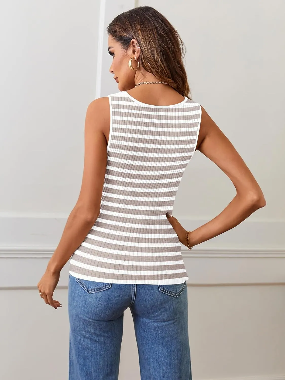 MEROKEETY Women's 2025 Sleeveless Ribbed Tank Tops Striped Knit Square Neck Shirts Summer Casual Basic Tanks