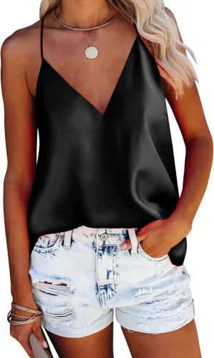 miduo Womens Straps V Neck Satin Tanks Tops Fashion Camisole Shirts Summer Sleeveless Blouses Tops