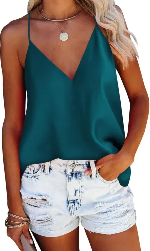 miduo Womens Straps V Neck Satin Tanks Tops Fashion Camisole Shirts Summer Sleeveless Blouses Tops