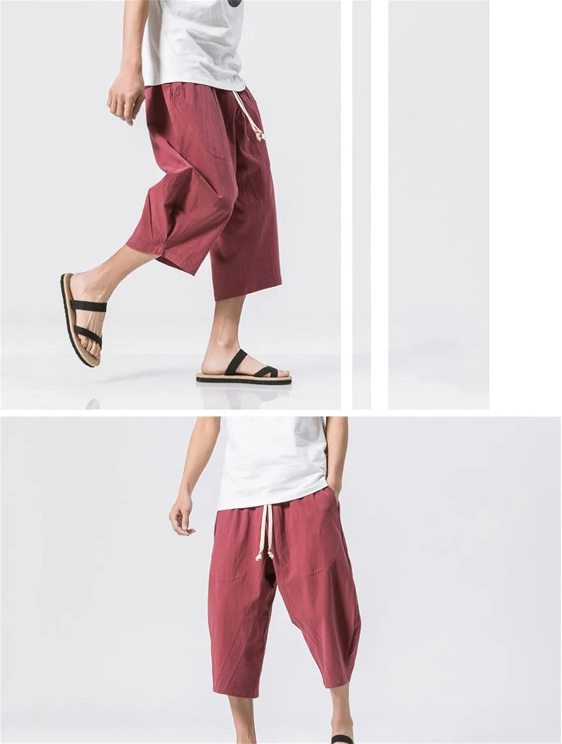 Mmoneyake Mens Linen Harem Capri Pants Loose Fit 3/4 Shorts Drawstring Elastic Waist Beach Yoga Trousers Baggy Wide Leg Pants
