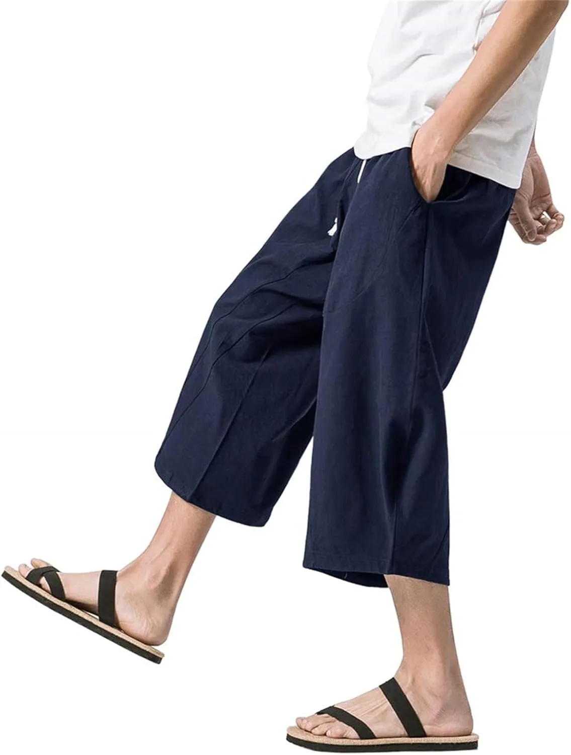 Mmoneyake Mens Linen Harem Capri Pants Loose Fit 3/4 Shorts Drawstring Elastic Waist Beach Yoga Trousers Baggy Wide Leg Pants