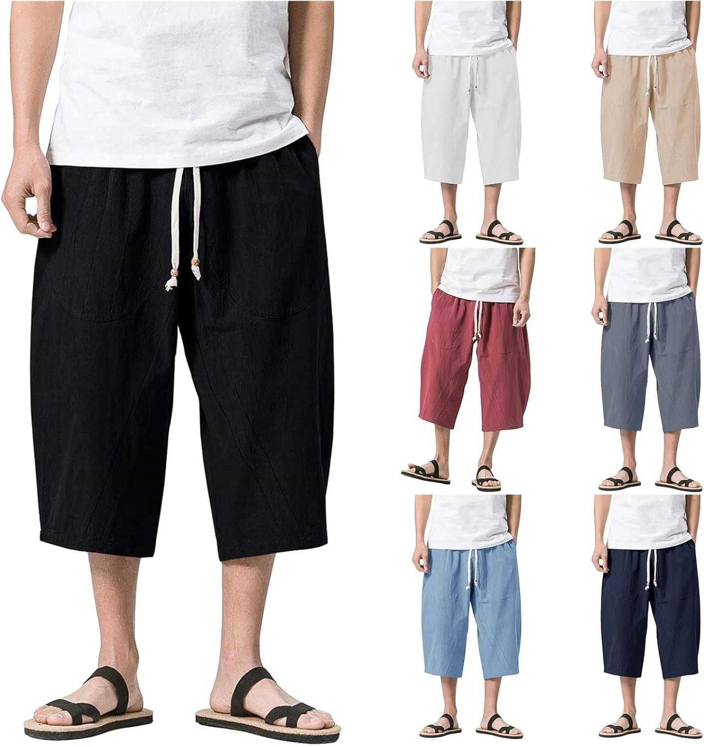 Mmoneyake Mens Linen Harem Capri Pants Loose Fit 3/4 Shorts Drawstring Elastic Waist Beach Yoga Trousers Baggy Wide Leg Pants