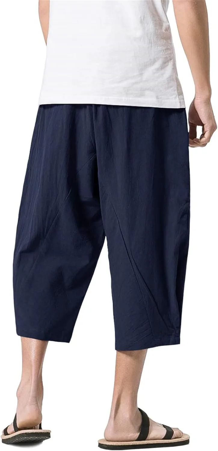 Mmoneyake Mens Linen Harem Capri Pants Loose Fit 3/4 Shorts Drawstring Elastic Waist Beach Yoga Trousers Baggy Wide Leg Pants