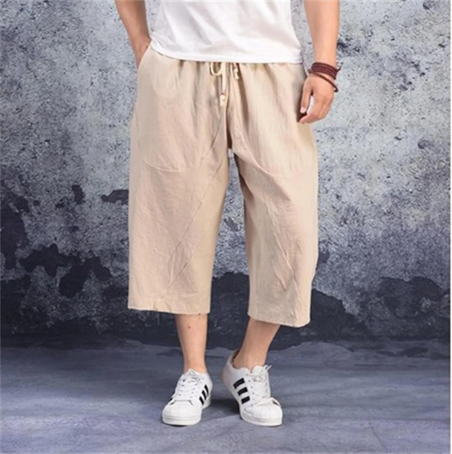 Mmoneyake Mens Linen Harem Capri Pants Loose Fit 3/4 Shorts Drawstring Elastic Waist Beach Yoga Trousers Baggy Wide Leg Pants
