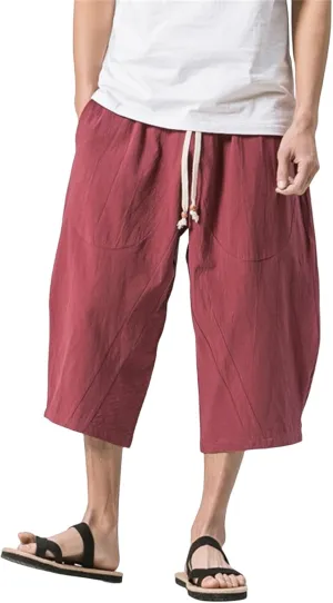 Mmoneyake Mens Linen Harem Capri Pants Loose Fit 3/4 Shorts Drawstring Elastic Waist Beach Yoga Trousers Baggy Wide Leg Pants