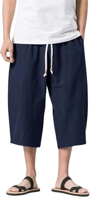 Mmoneyake Mens Linen Harem Capri Pants Loose Fit 3/4 Shorts Drawstring Elastic Waist Beach Yoga Trousers Baggy Wide Leg Pants