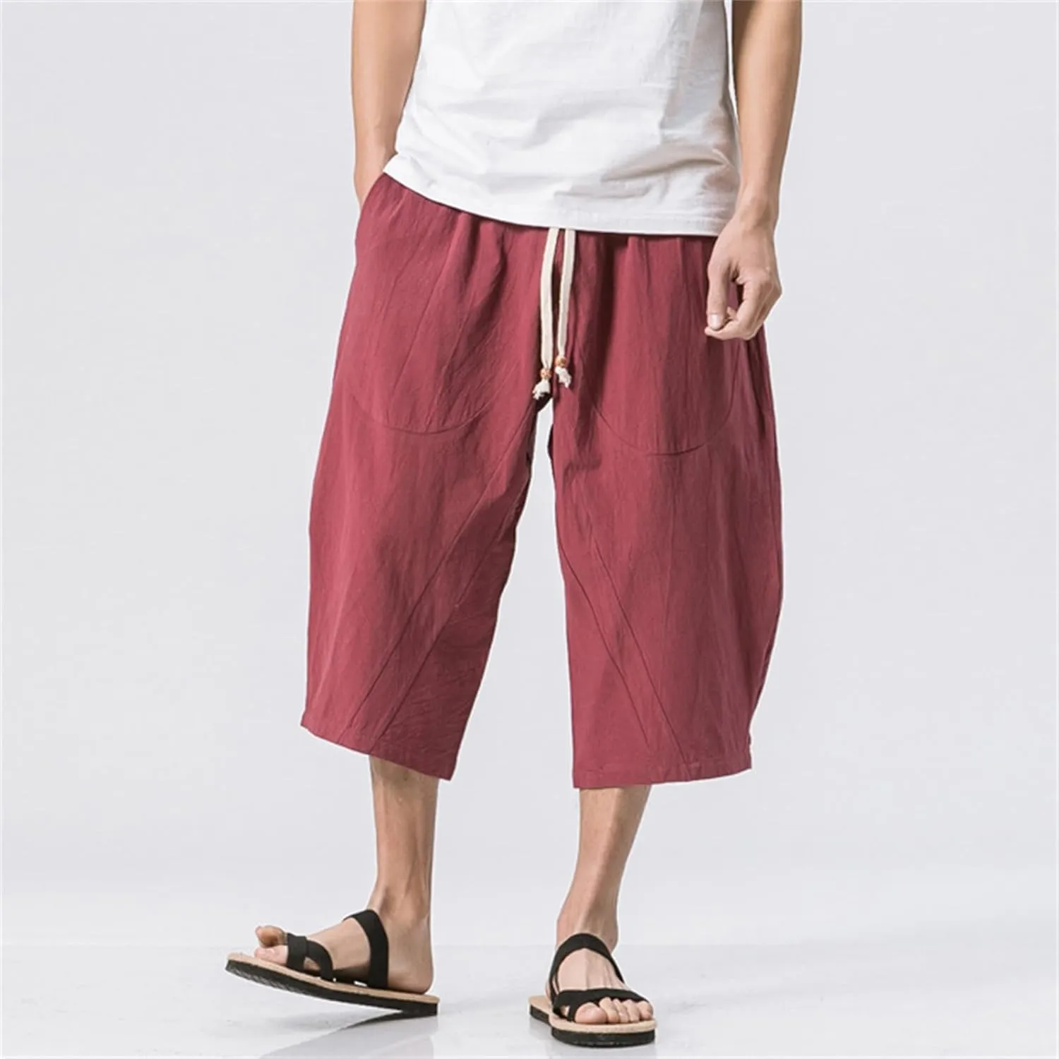 Mmoneyake Mens Linen Harem Capri Pants Loose Fit 3/4 Shorts Drawstring Elastic Waist Beach Yoga Trousers Baggy Wide Leg Pants