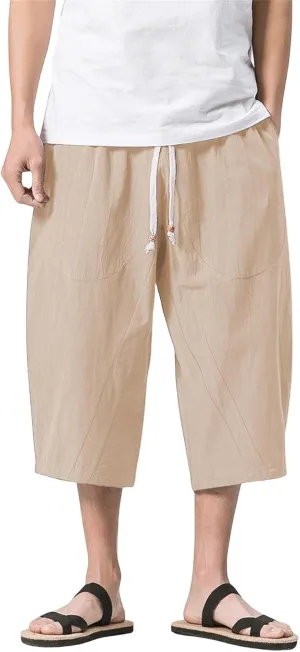 Mmoneyake Mens Linen Harem Capri Pants Loose Fit 3/4 Shorts Drawstring Elastic Waist Beach Yoga Trousers Baggy Wide Leg Pants