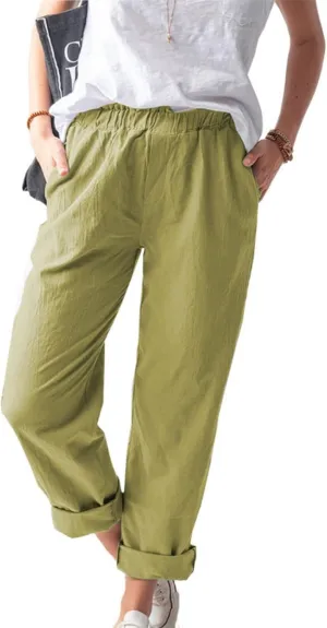 Mmoneyake Women's Cotton Linen Straight Leg Pants Casual Elastic Waist Pants Yoga Trousers Slacks Work Pants with Pockets